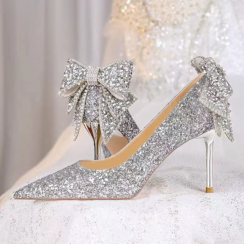 Wedding Shoes for Bride Bridesmaid Women Closed Toe Pointed Toe Silver PU Pumps With Glitter Bowknot Stiletto High Heel Wedding Party Valentine's Day Bling Bling Shoes Elegant Classic