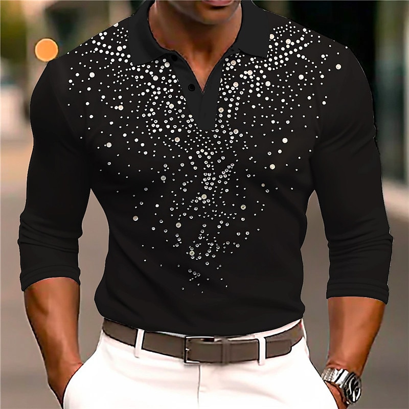Men's Graphic Polo Shirts Golf Shirt Long Sleeve Polo Shirts Collared Shirts Casual Vacation Wear Rave Wear Party Outfits 3D Print Buttons Fall & Winter Black White Gray3