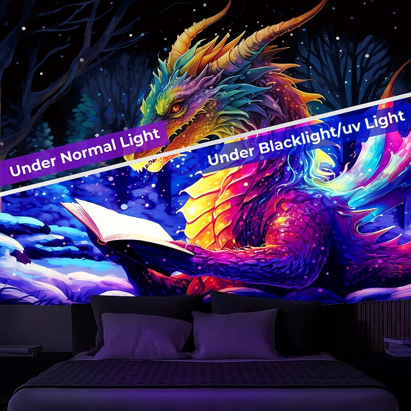 Blacklight Tapestry UV Reactive Glow in the Dark Glow Party Neon Dragon Book Psychedelic Trippy Misty Hanging Tapestry Wall Art Mural for Living Room Bedroom2