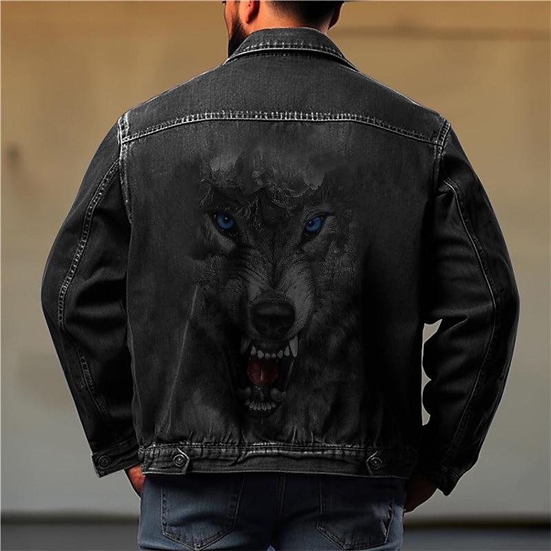 Men's Animal Wolf Coat Jean Jacket Denim Jacket Comfortable Breathable Casual Sports & Outdoor Going out Weekend Buttons Print Fall & Winter Turndown Long Sleeve Black Blue