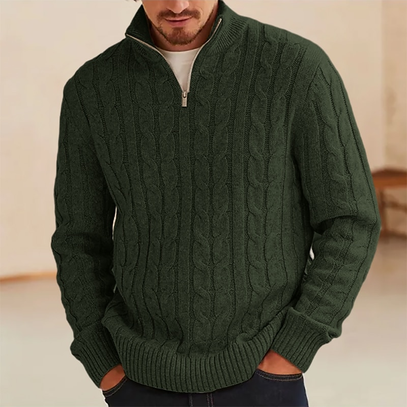 Men's Sweater Pullover Sweater Jumper Knit Sweater Ribbed Cable Knit Regular Knitted Plain Quarter Zip Vintage Keep Warm Daily Wear Going out Clothing Apparel Fall Winter Black Blue S M L3