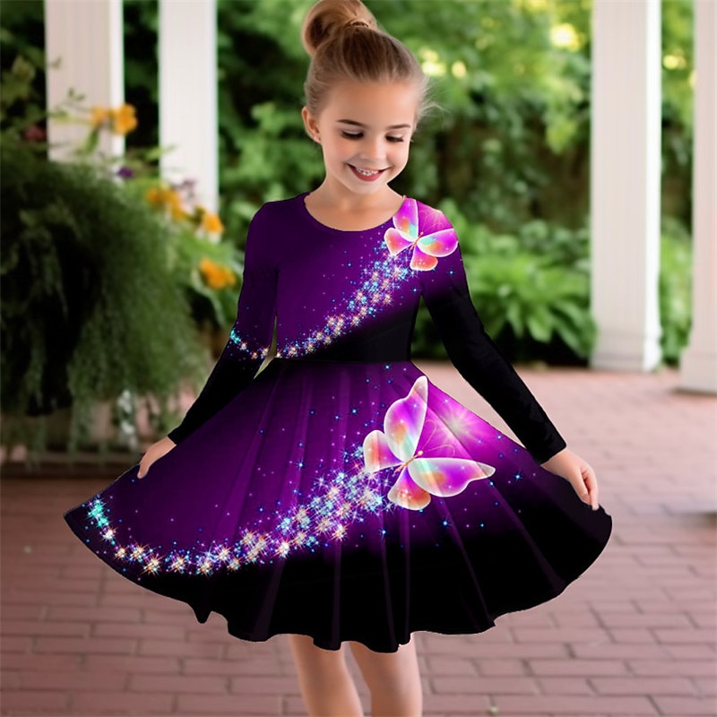 Girls' 3D Butterfly Dress Long Sleeve 3D Print Fall Winter Vacation Sports & Outdoor Daily Cute Casual Beautiful Kids 3-12 Years Casual Dress A Line Dress Above Knee Regular Fit3