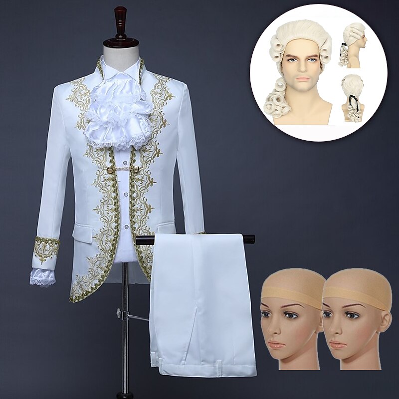 Set with Coat Pants Collar Sleeves Colonial Wig 2*Wig Caps Retro Vintage Rococo Medieval Ball Gown Outfits Masquerade Prince Aristocrat Men's Lace Flounced Slim Fit Cosplay Costume Performance Party4