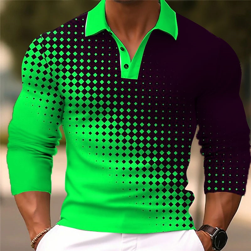 Men's Geometric Polo Shirts Golf Shirt Long Sleeve Polo Shirts Collared Shirts Business Casual WorkWear Formal Wear Festival Wear 3D Print Buttons Fall & Winter White Yellow Green2