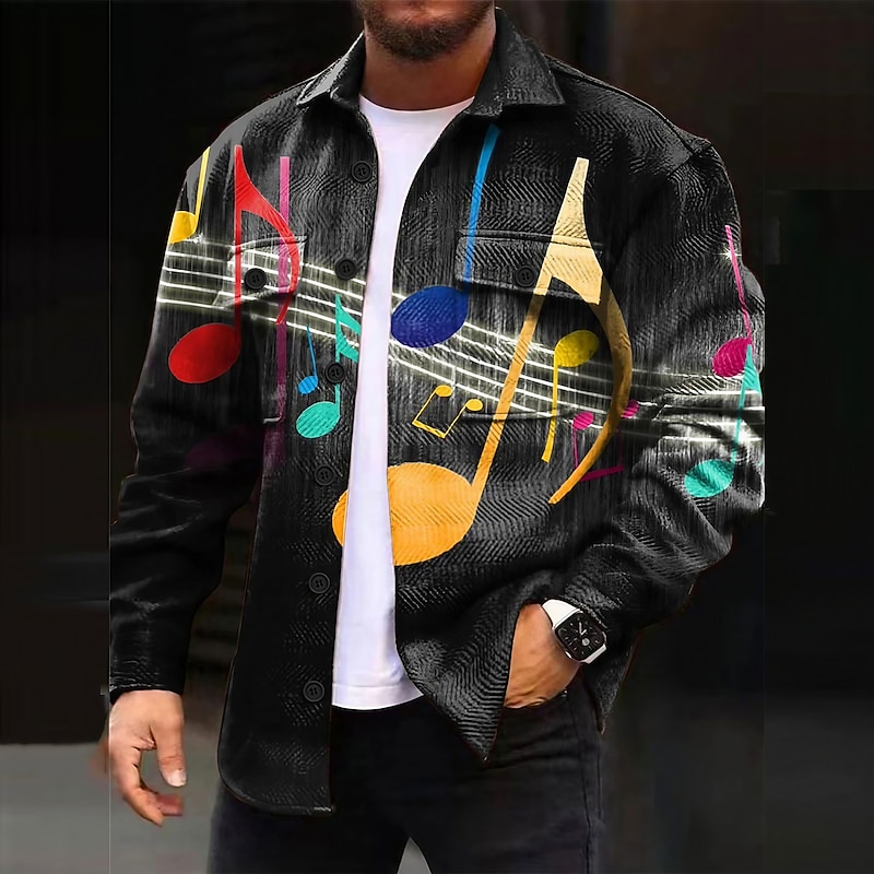 Men's Notes Shirt Shirt Jacket Overshirt Long Sleeve Casual Outdoor Street Casual Daily Fall & Winter Turndown Buttons Pocket Print Black