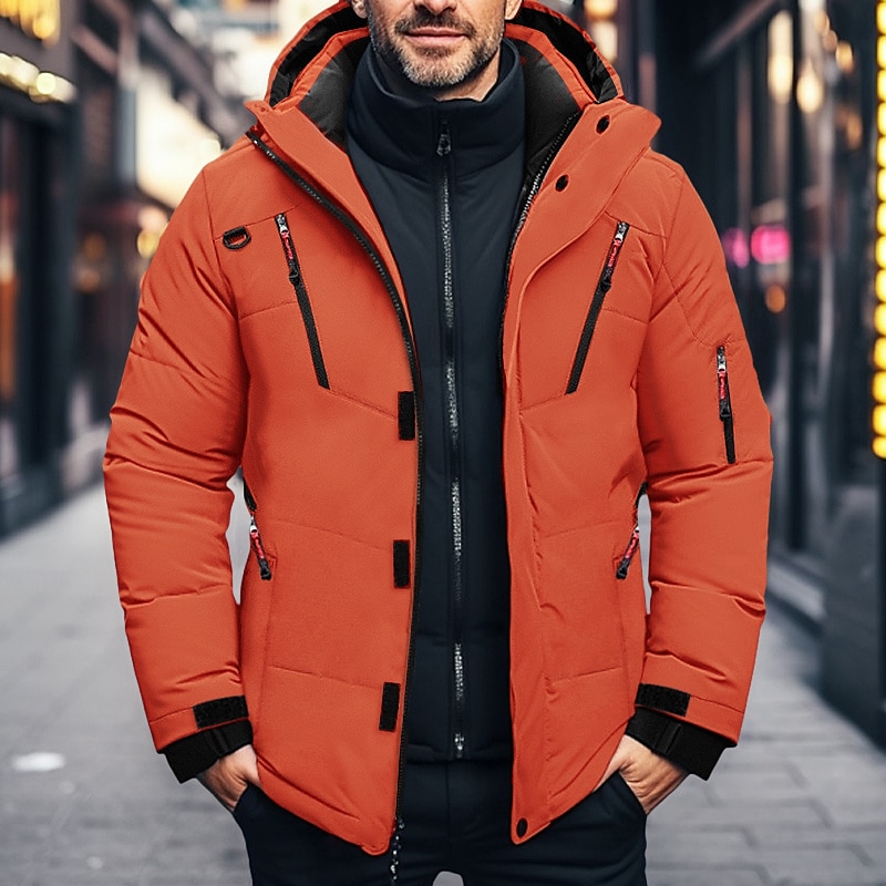 Men's Winter Coat Winter Jacket Puffer Jacket Zipper Pocket Polyster Pocket Outdoor Date Casual Daily Regular Fashion Casual Thermal Warm Windproof Winter Plain Black Blue Orange Army Green Puffer