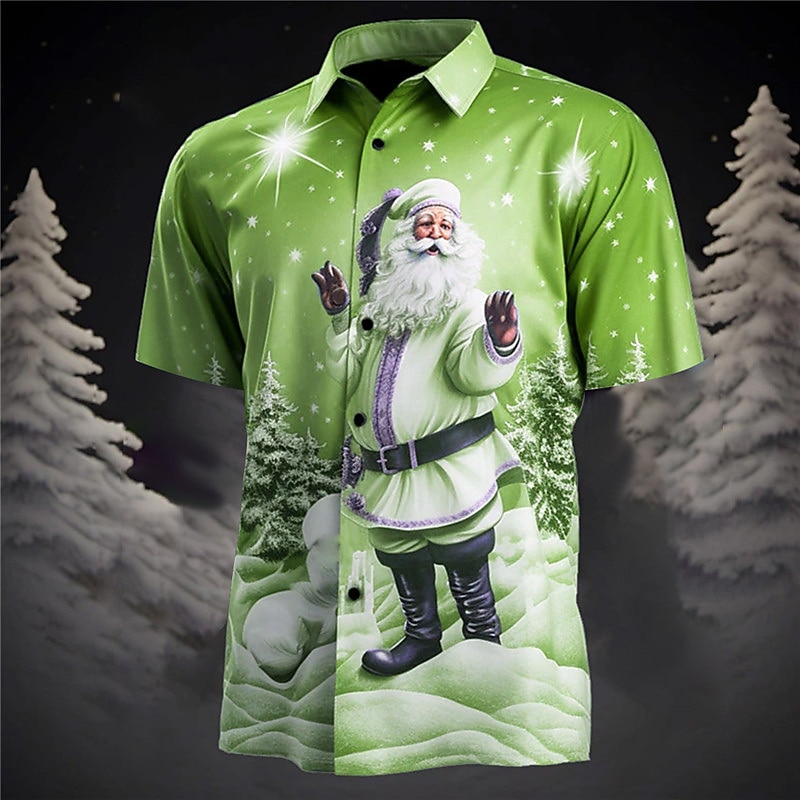 Christmas Men's Santa Claus Printed Shirts Santa Claus Casual Daily Wear Going out Weekend Autumn / Fall Turndown Short Sleeves Burgundy, Blue, Purple S, M, L 4-Way Stretch Fabric Christmas3