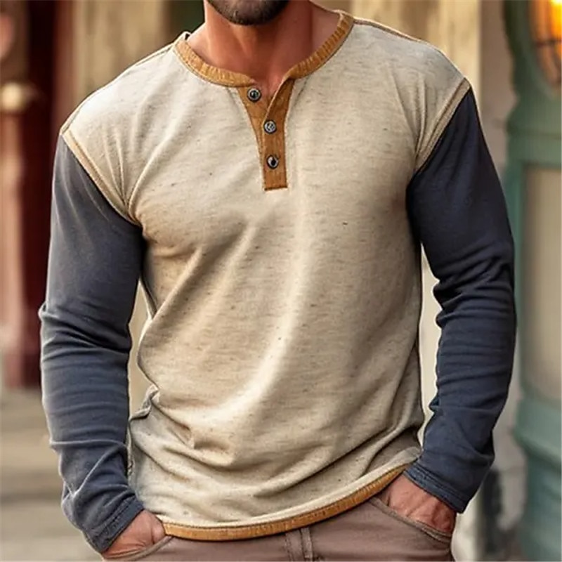 Men's Button T Shirt T Shirt Henley Shirt Tee Top Long Sleeve Henley Spring &  Fall Color Block Fashion Designer Basic Patchwork Vacation Street Going out khaki Top Tee for Men2
