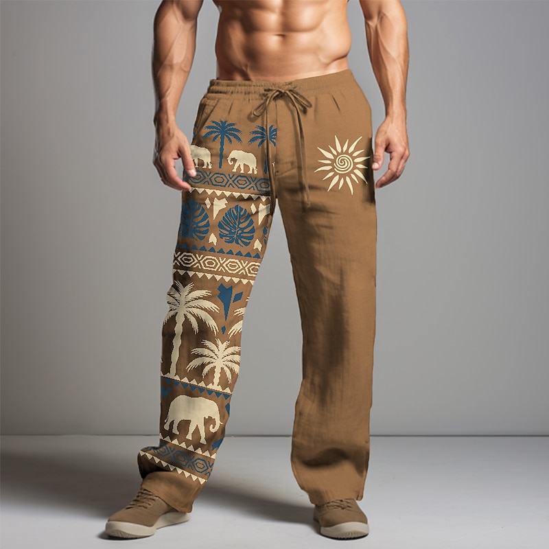 Men's Graphic Animal Tribal Linen Pants Pants Trousers Baggy Pants Mid Waist Vintage Casual Vacation Daily Wear Going out Spring Fall Black White khaki2