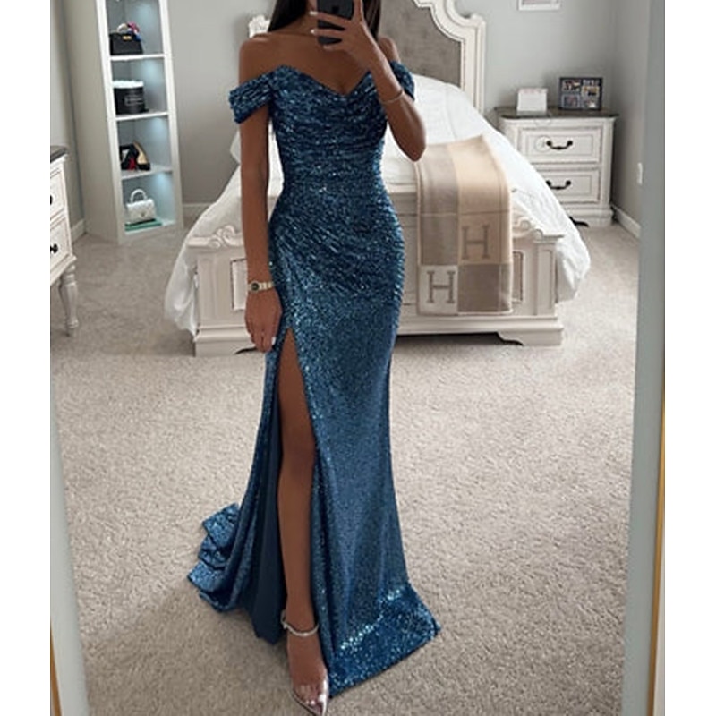 Beach Wedding Mermaid Prom Dresses Sequin Dress Formal Evening Party Sweep / Brush Train Sleeveless Cowl Neck with Ruched Slit Masquerade Dress3