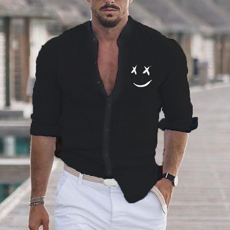 Men's Shirt Beach Shirt Emoji Face Outdoor Vacation Black White Pink Red Long Sleeve Stand Collar Spring &  Fall Clothing Apparel Print2