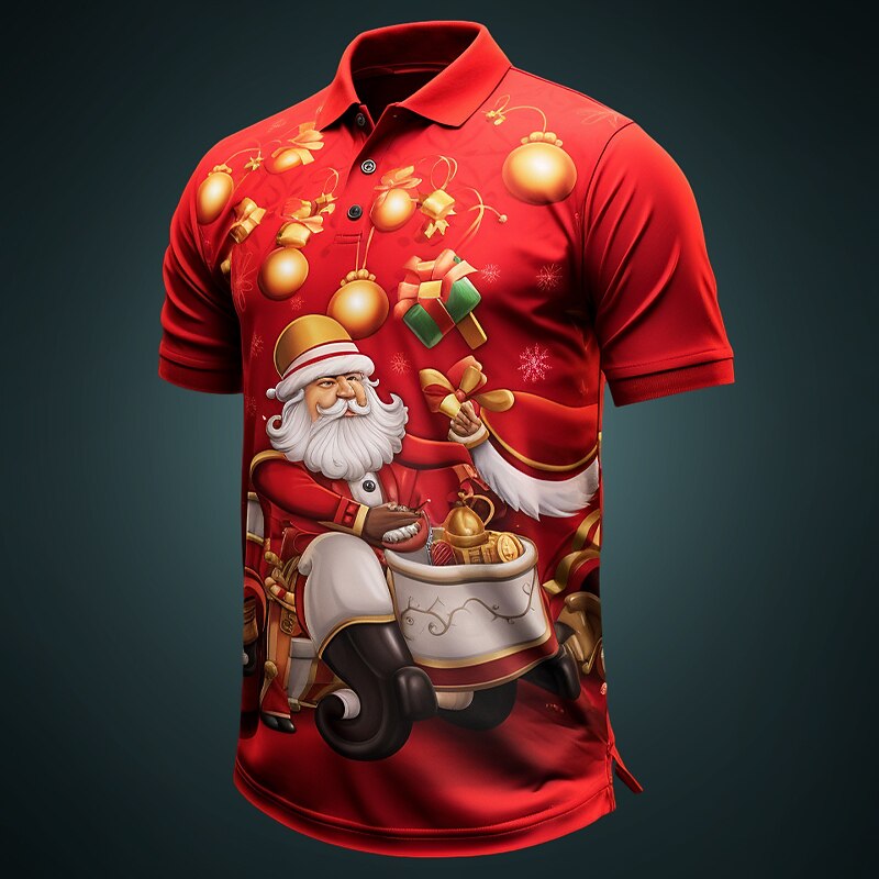 Christmas Men's Santa Claus 3D Polo Santa Claus Casual Golf Short Sleeve Outdoor Daily Wear Streetwear Autumn / Fall 3D Print Turndown Yellow Wine Red Polyester4