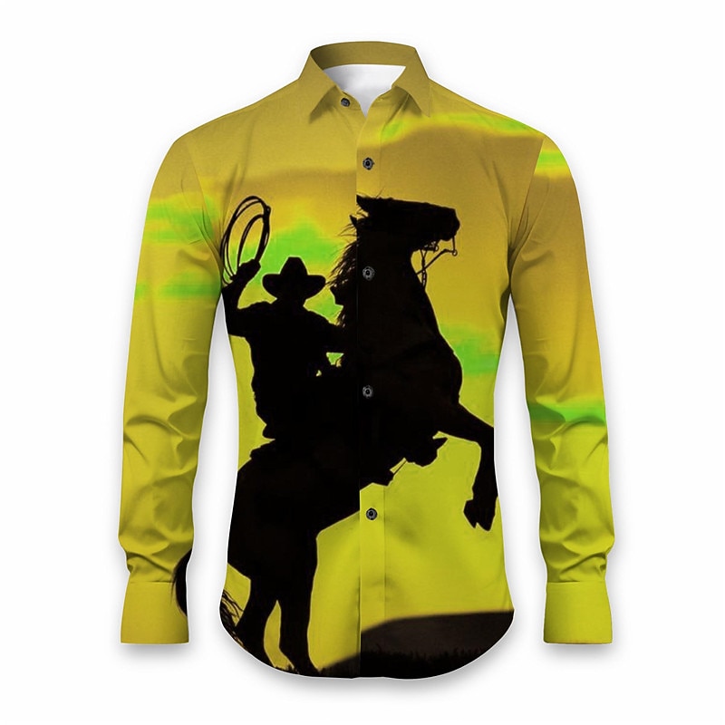Kentucky Derby Men's Horse Shirt Western Shirt Cowboy Shirt Long Sleeve Casual Daily Wear Going out Fall & Winter Turndown Print Button-Down Orange Green2