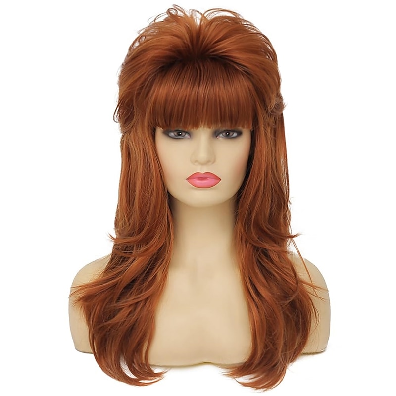80s Women Mullet Wig Long Wavy Ginger Bouffant Synthetic Hair wigs for Married Housewife Vintage Costume or Carnival Party Halloween Wigs