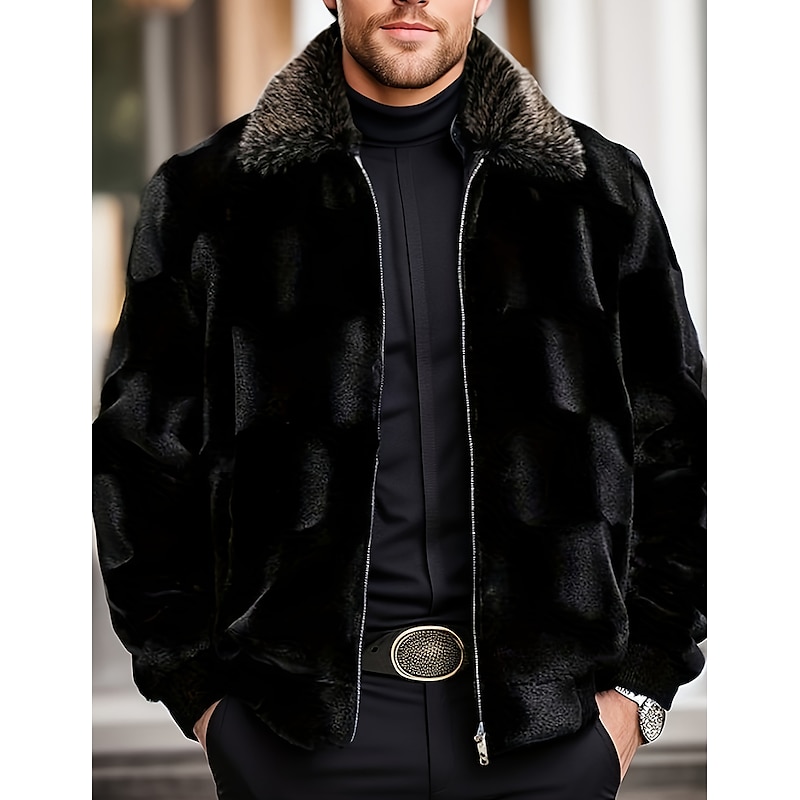 Men's Winter Jacket Faux Fur Outdoor Vacation Warm Fall Winter Plain Fashion Streetwear Lapel Regular Black Jacket