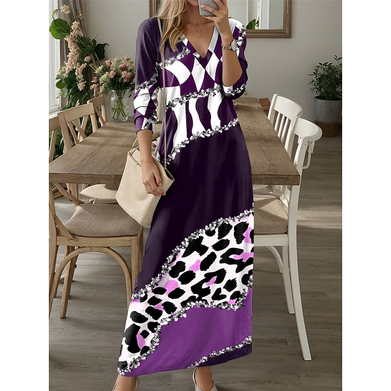 Women's Maxi Dress Casual Dress Winter Dress T Shirt Dress Tee Dress Leopard Color Block Pocket Print V Neck Long Dress Maxi Dress Date Vacation Long Sleeve Fall Winter2