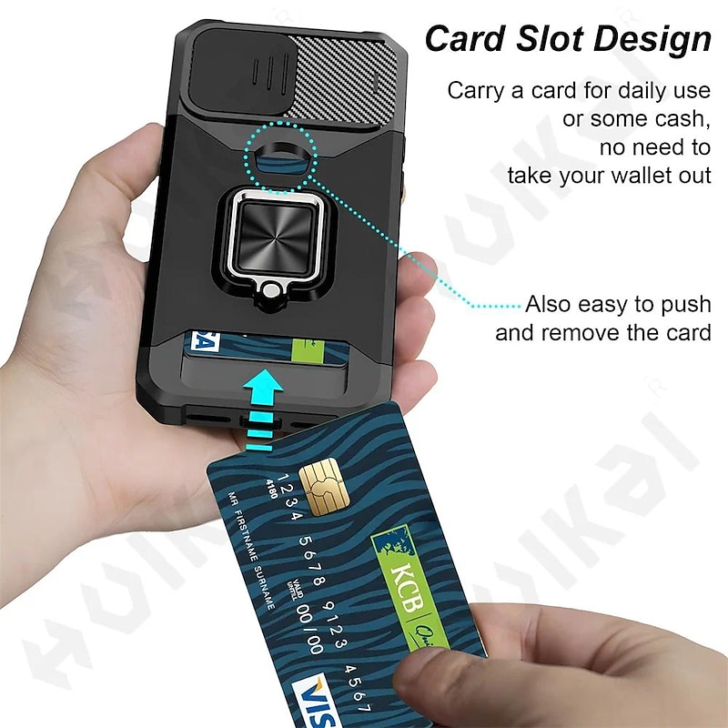 Phone Case For iPhone 15 14 Pro Max Plus 13 12 11 Pro Max Mini Back Cover Ring Holder Card Slot Shockproof TPU PC4