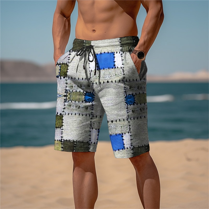 Men's Plaid Color Block Patchwork Sweat Shorts Beach Shorts Terry Shorts Mid Waist Casual Athleisure Daily Holiday Streetwear Drawstring Elastic Waist 3D Print Designer Clothing Apparel2