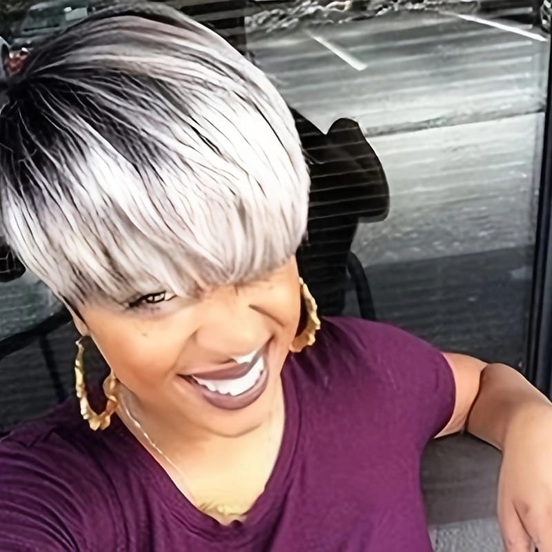 Pixie Cut Wigs Short Fluffy Layered Wig None Lace Replacement Wig With Bangs For Women 6 Inch