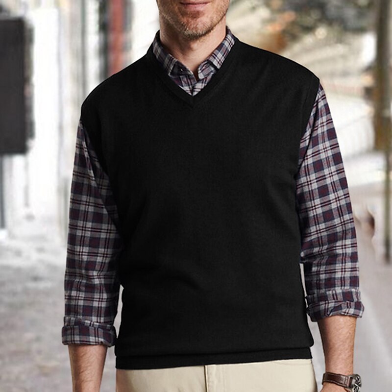 Men's Sweater Vest Dress Sweater Pullover Ribbed Knit Regular Tops Knitted Plain V Neck Modern Contemporary Work Daily Wear Clothing Apparel Sleeveless Winter Camel Wine S M L2