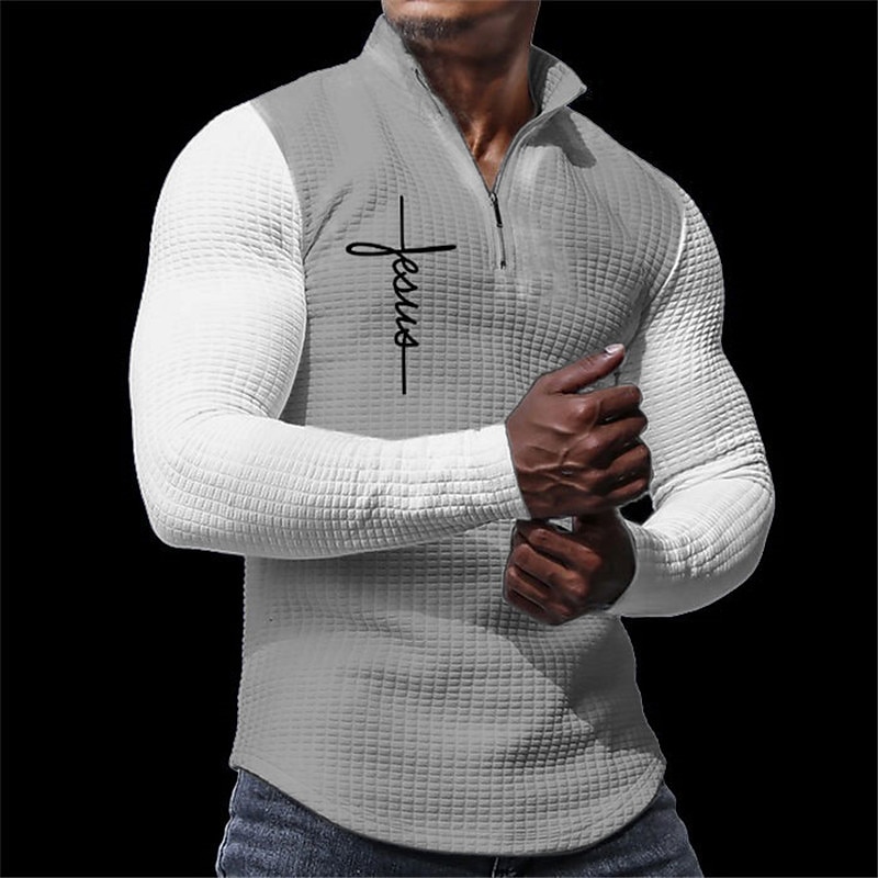 Men's Waffle Polo Shirts Zip Polo Golf Polos Shirts Long Sleeve Polo Shirts Zip Casual Casual Daily 3D Print Fall & Winter Black White Dark Gray2