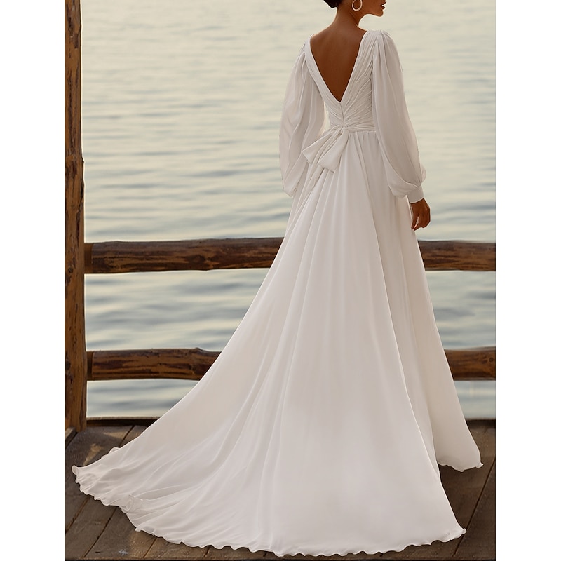 Beach Wedding Formal Simple Wedding Dresses A-Line V Neck Long Sleeve Court Train Chiffon Bridal Gowns With Pleats Ruched2