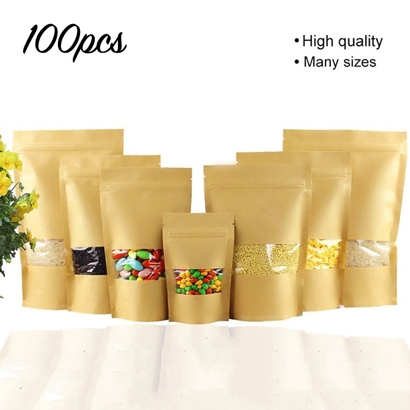 100pcs/lot Kraft Paper Bag Self Sealing Stand Up Bags With Transparent Window For Dried Food/Snack/Fruit/Tea/Gift Packaging