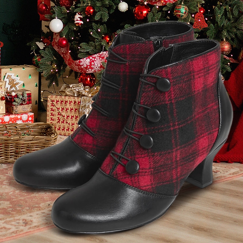 Women's Victorian Plaid Button Ankle Boots – Retro Heeled Booties with Side Zipper for Christmas Party and Holiday Gatherings
