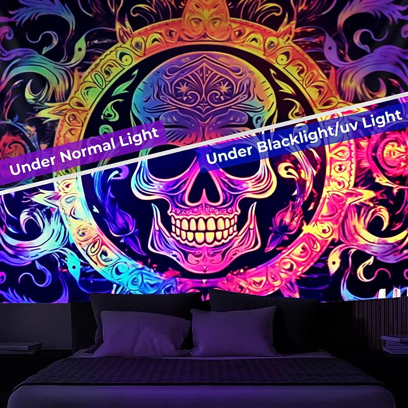 Halloween Blacklight Tapestry UV Reactive Glow in the Dark Glow Party Neon Skulls Totem Psychedelic Trippy Misty Hanging Tapestry Wall Art Mural for Living Room Bedroom3