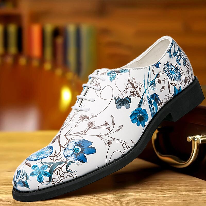 Men's White Floral Printed Lace-Up Oxford Shoes - Stylish Dress Shoes with Blue Botanical Design for Weddings, Formal Events, and Parties