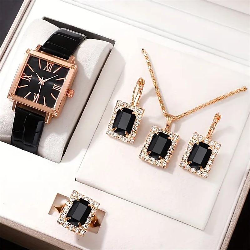 5pcs/set Women's Watch Vintage Square Pointer Quartz Watch Analog Green Wrist Watch & Rhinestone Jewelry Set, Gift For Mom Her2