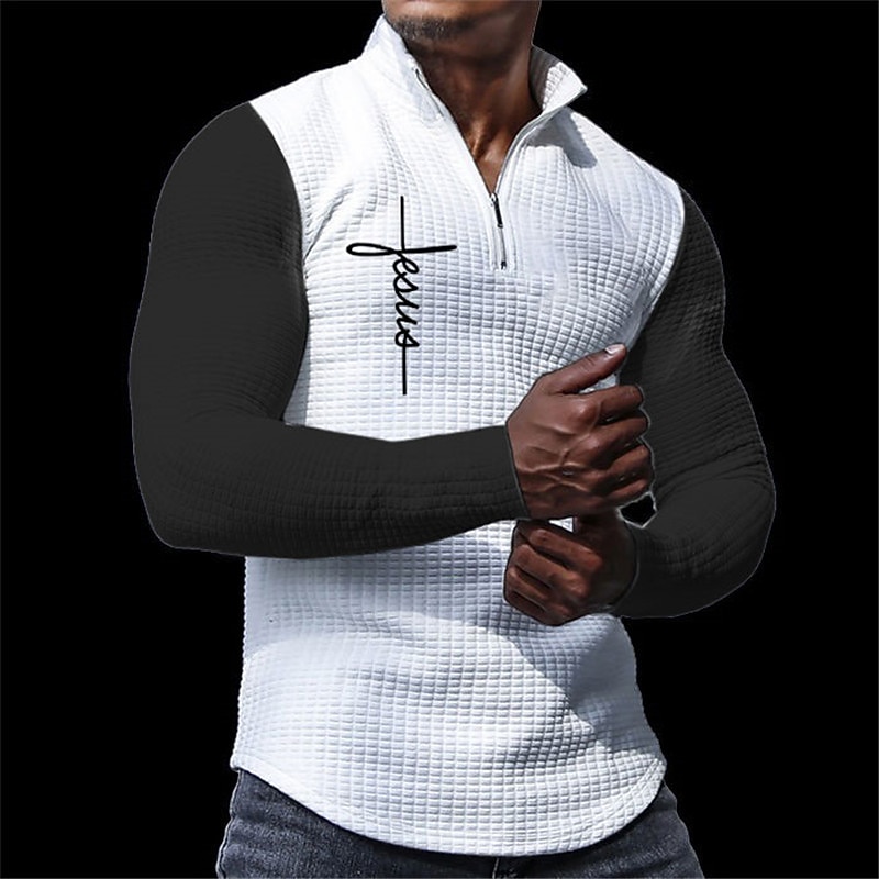 Men's Waffle Polo Shirts Zip Polo Golf Polos Shirts Long Sleeve Polo Shirts Zip Casual Casual Daily 3D Print Fall & Winter Black White Dark Gray4