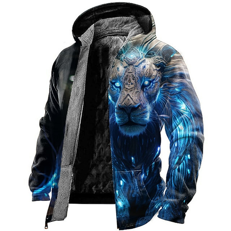Men's Animal Lion Graphic Prints Hoodie Hoodies Sweatshirt Daily Classic Long Sleeve Hooded Vacation Holiday Going out Red Blue Fleece Winter Designer