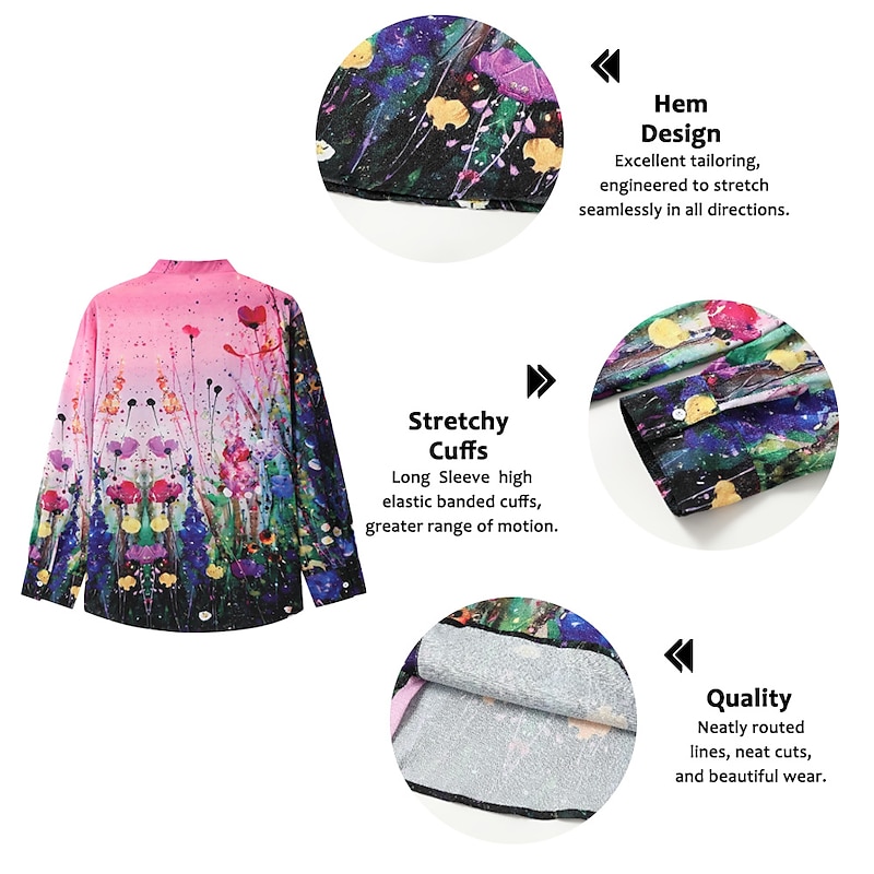 Men's Floral Shirt Button Up Shirt Long Sleeve Fashion Streetwear Designer Outdoor Casual Daily Summer Spring Fall Stand Collar Print Yellow Blue Purple Green Gray3