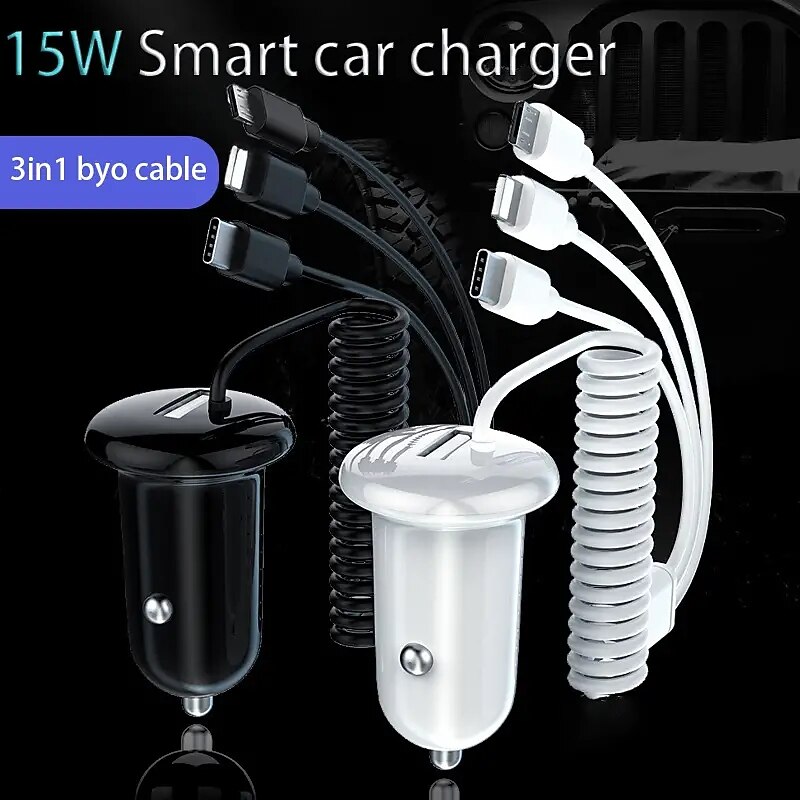3 IN 1 Fast Charging Car Charger Spring Cable Fast Charging 15W Mixed Single USB Car Charger Compatible With Mobile Phones Laptops Cameras