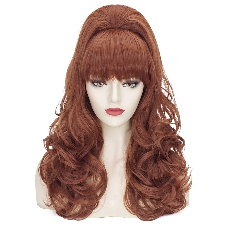 Brown Beehive Wigs for Women, Auburn Vintage Bouffant Wig, Long Copper Curly Victorian Fembot Wig, 50s 60s 70s Wigs for Women for Carnival Costume Party + Wig Cap Halloween Wigs