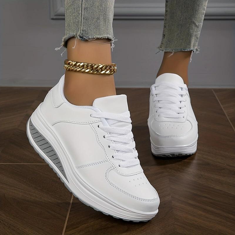 Women's Platform Sneakers – Stylish White Lace-Up Shoes with Air Cushion for Walking & Casual Wear