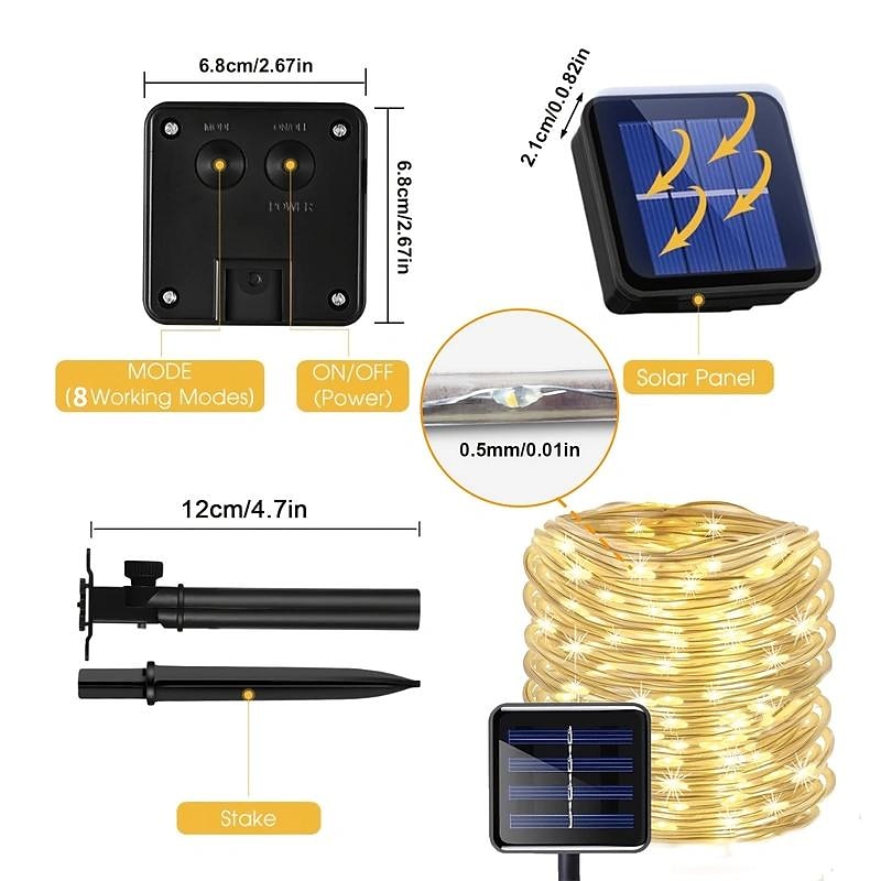 1 Pack Solar Rope Lights Outdoor Waterproof LED String Lights, Garland Fairy Garden Light Strings, Outdoor Christmas Halloween Wedding Party Decor, 7M-50Led/12M-100Led/20M-200Led/30M-300Led4