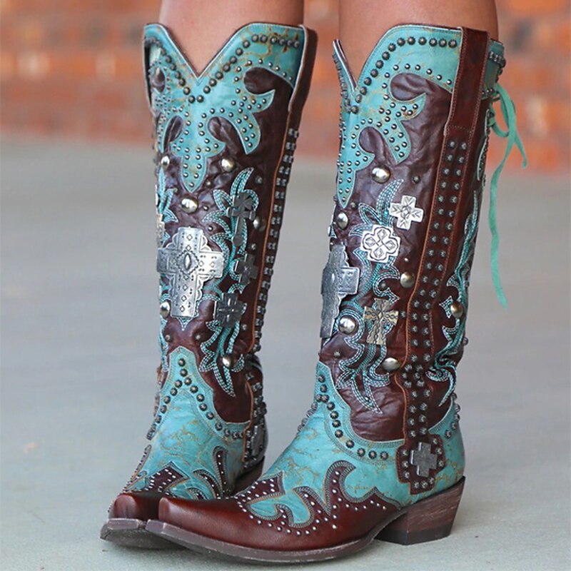 Women's Turquoise and Brown Faux Leather Western Cowboy Boots with Embellishments and Studded Detailing - Knee-High Boots for Rodeo and Festival Wear