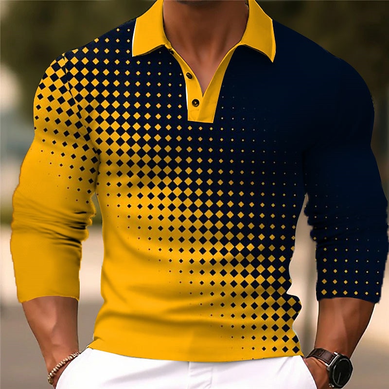 Men's Geometric Polo Shirts Golf Shirt Long Sleeve Polo Shirts Collared Shirts Business Casual WorkWear Formal Wear Festival Wear 3D Print Buttons Fall & Winter White Yellow Green3