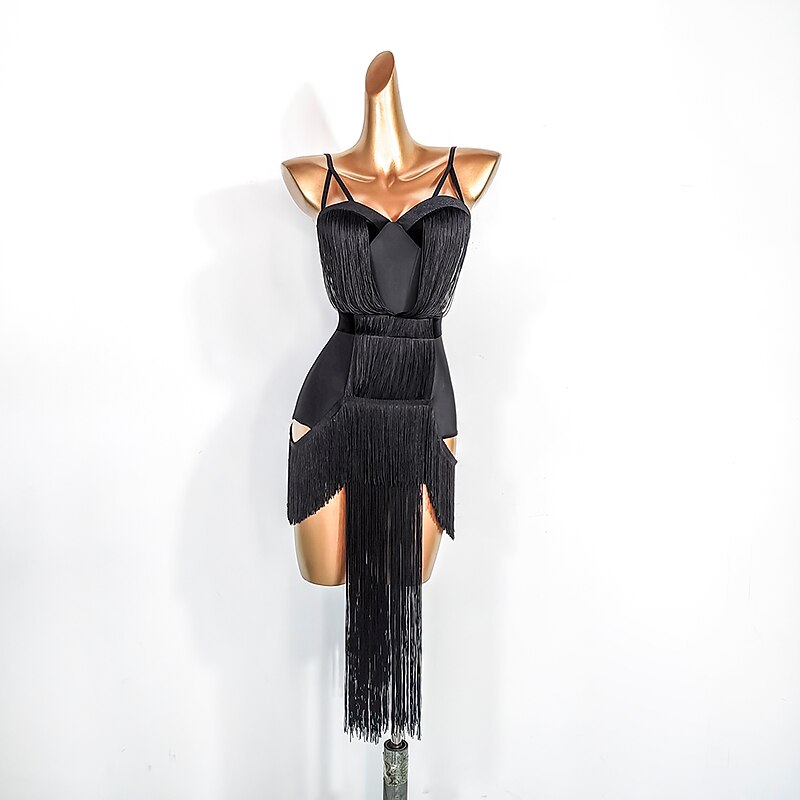 Dance Salsa Latin Dance Dress Tassel Pure Color Splicing Women's Performance Training Sleeveless Polyester Spandex