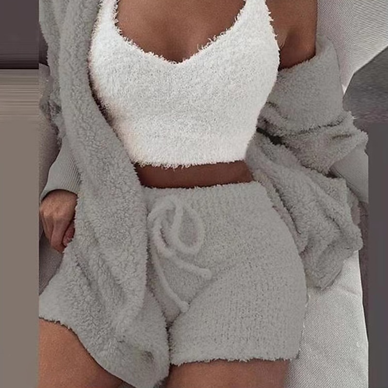 Warm Fuzzy Pajama Set 3PCS Long Sleeve Hooded Robe & Tank Top & Drawstring Shorts Women's Sleepwear & Loungewear