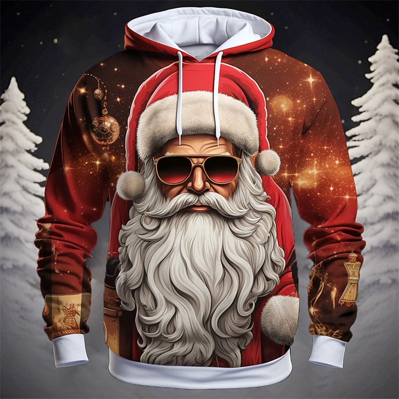 Christmas Men's Santa Claus 3D Hoodies Graphic Santa Claus Fashion 3D Print Sports Outdoor Holiday Hoodies Dark Yellow Red Long Sleeve Hooded Print Front Pocket Spring &  Fall Designer shirt