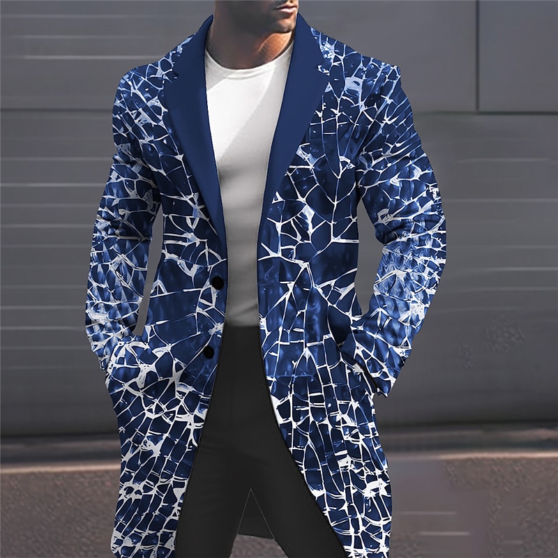 Men's Crack Winter Coat Overcoat Coat Warm Comfortable Breathable Business Abstract Work Wear to work Going out Pocket Print Fall & Winter Turndown Long Sleeve Black Blue Purple2