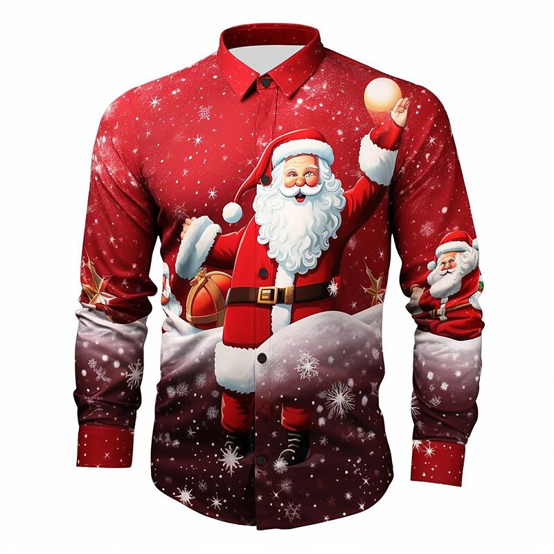 Christmas Men's Santa Claus Printed Shirts Santa Claus Casual Daily Wear Going out Fall & Winter Turndown Long Sleeve Dark Red, White, Red S, M, L 4-Way Stretch Fabric Shirt2