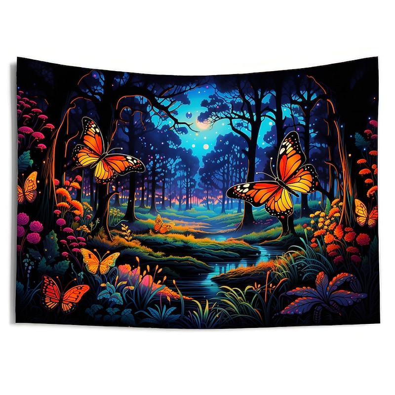 Blacklight Tapestry UV Reactive Glow in the Dark Glow Party Neon Butterflies Forest Trippy Misty Hanging Tapestry Wall Art Mural for Living Room Bedroom3