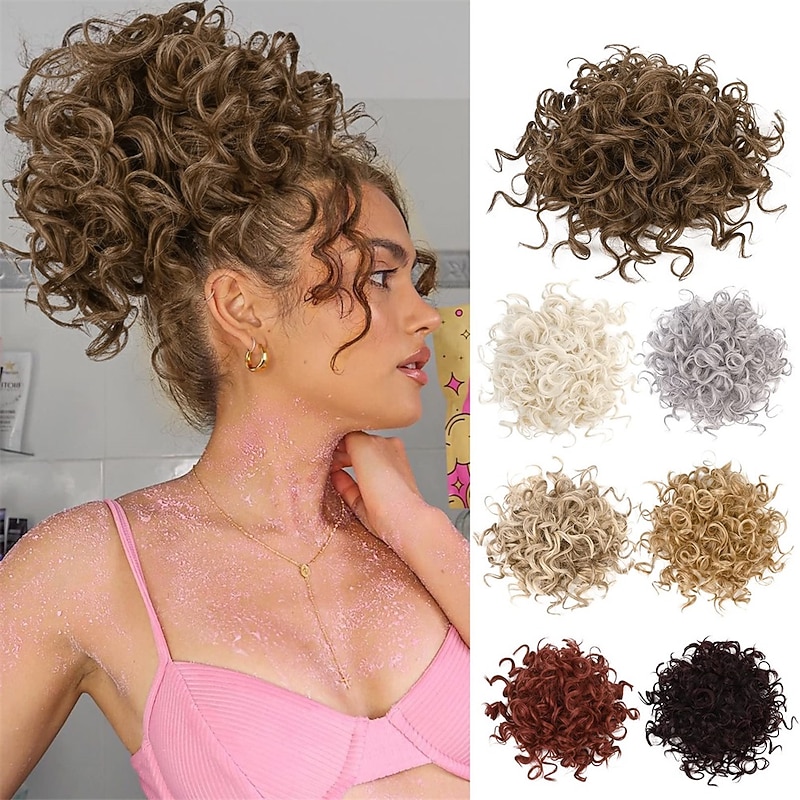 Messy Bun Hair piece for Women Elastic Drawstring Loose Wave Curly Scrunchies Ponytail Extension Synthetic Hair Extensions Hair Bun for Women Daily Use-Light Smoky Brown