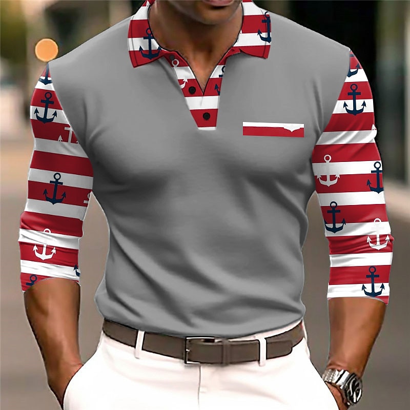 Kentucky Derby Men's Striped Cable Knit Polo Long Sleeve Polo Shirts Turndown Casual Outdoor Casual Daily Streetwear 3D Print Fall & Winter Black White Navy Blue2
