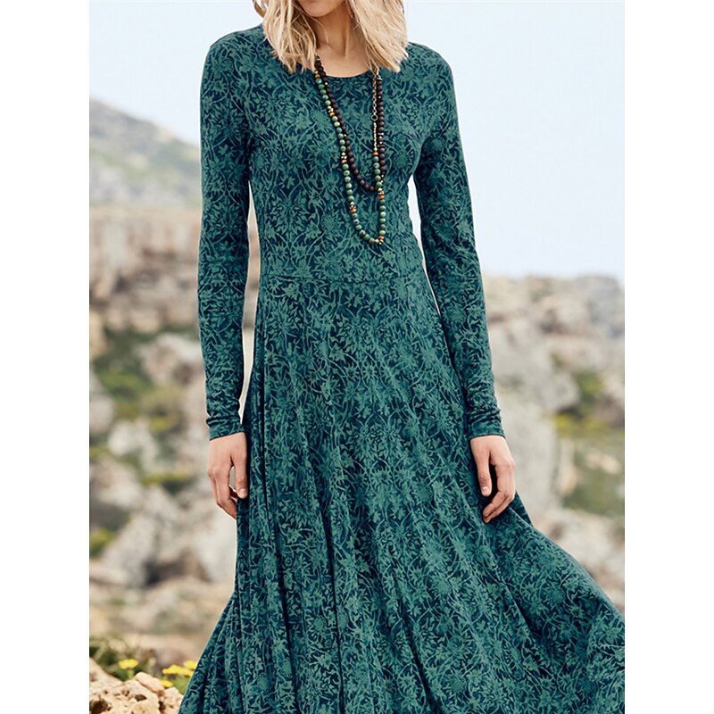 Women's Midi Dress A Line Dress Casual Dress Winter Dress Swing Dress Streetwear Modest Formal Vacation Party Regular Fit Floral Long Sleeve Crew Neck Green Fall Winter2