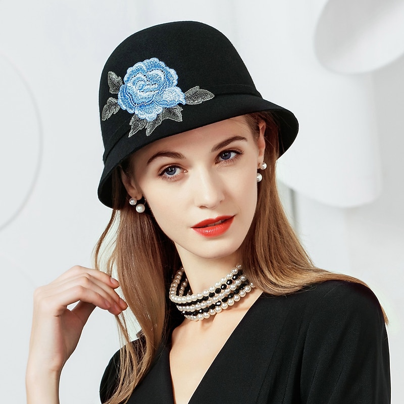 Hats 100% Wool Bowler / Cloche Hat Fedora Hat Wedding Evening Party Elegant Romantic With Cap Floral Headpiece Headwear